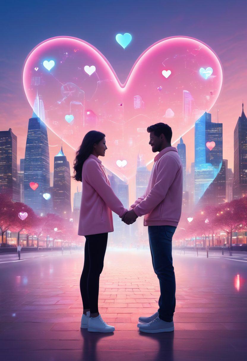 A modern couple holding hands, surrounded by colorful heart-shaped digital icons representing various online communication platforms, with a dreamy city skyline in the background. Ethereal lighting casts soft pink and blue hues, enhancing the sense of intimacy and connection. Include elements such as glowing chat bubbles and romantic symbols floating around them. vibrant colors. super-realistic.
