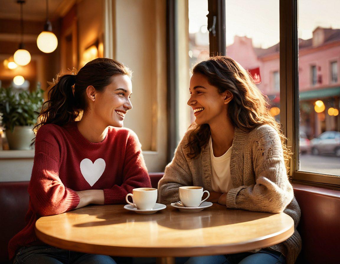 A heartwarming scene of two friends sitting at a cozy café, sharing a laugh over coffee, with hearts subtly blending into the background as a metaphor for deepening affection. Soft warm colors illuminate their expressions, highlighting joy and connection. Show a gentle sunset filtering through the window, creating a romantic atmosphere. The table includes a shared dessert symbolizing closeness. super-realistic. vibrant colors. warm tones.