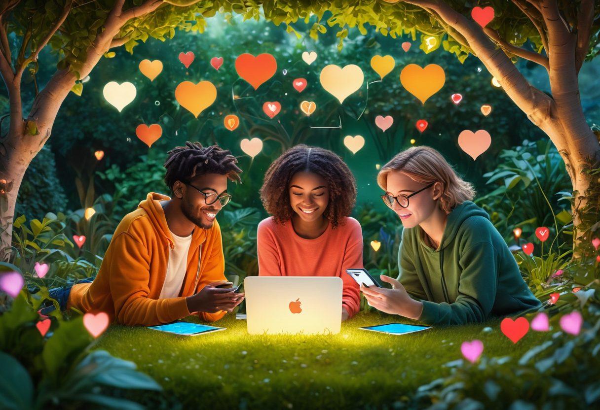 A warm, inviting digital landscape featuring two people interacting through their devices, surrounded by glowing hearts and vibrant social media icons. A backdrop of a lush, green garden symbolizes growth and connection, while soft light illuminates their faces, reflecting affection and understanding. Include elements representing various forms of communication like chat bubbles and emojis. modern illustration. vibrant colors. soft focus.